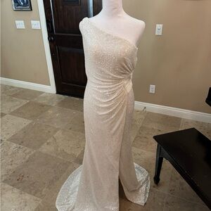 La Femme white Sequin One-Shoulder Gown